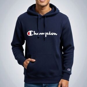 Champion Men's Navy Script Logo Hoodie